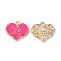 Deep Pink Alloy Enamel Pendants, Heart with Letter A Charm, Golden, Deep Pink, 17x18x1mm, Hole: 1.8mm