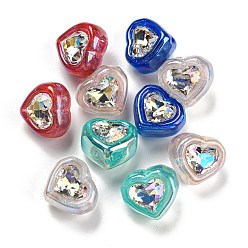 Mixed Color Ice Beauty Effect Plating Opaque Acrylic Beads, with Glass, Heart, Mixed Color, 15x16x12.5mm, Hole: 1.4mm