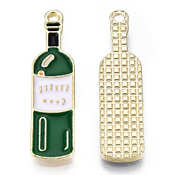Green Alloy Pendants, with Enamel, Winebottle with Word, Light Gold, Green, 31x8x2mm, Hole: 1.6mm