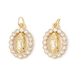 Настоящее золото 18K Покрытие стойки латунь микропаве прозрачные подвески из кубического циркония, с прыжковых колец, долговечный, без кадмия и без свинца, овальные с рисунками " virgin mary", реальный 18 k позолоченный, 17.5x12x3 мм, отверстие : 3.2 мм