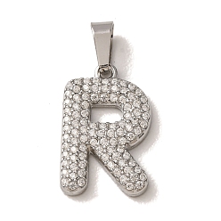 Letter R 304 Stainless Steel Micro Pave Clear Cubic Zirconia Pendants, Letter Charms, Stainless Steel Color, Letter R, 18x11.5x2.5mm, Hole: 6x2.5mm
