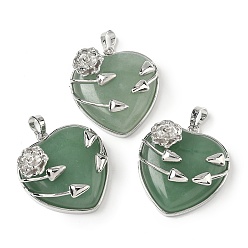 Зеленый Авантюрин Естественный зеленый авантюрин подвески, латунные цветочные обертки для любви, платина, 35x32x11.5 мм, отверстие : 8x5 мм