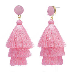 Pearl Pink SHEGRACE Brass Stud Earrings, Dangle Earrings, with Resin and Tassel Pendants, Pearl Pink, 88mm