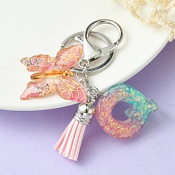 Letter Q Resin & Acrylic Keychains, with Alloy Split Key Rings and Faux Suede Tassel Pendants, Letter & Butterfly, Letter Q, 8.6cm