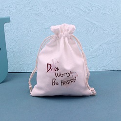 Word Printed Cotton Cloth Storage Pouches, Rectangle Drawstring Bags, for Candy Gift Bags, White, Word, 14x10cm