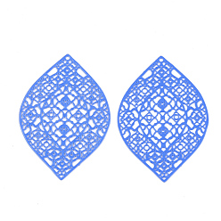 Royal Blue 430 Stainless Steel Filigree Pendants, Spray Painted, Etched Metal Embellishments, Leaf, Royal Blue, 41x28x0.5mm, Hole: 1mm