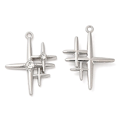 Platinum Alloy Pendants, with Clear Glass, Cadmium Free & Lead Free, Star Charms, Platinum, 25x19x3.5mm, Hole: 1.2mm