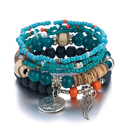 Medium Turquoise Bodhi & Glass Seed Beads Stretch Bracelets Sets, Bohemia Style Wing & Tower Alloy Charms Bracelets for Women, Medium Turquoise, 7-1/8 inch(18cm)