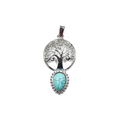 Synthetic Turquoise Synthetic Turquoise Teardrop Pendants, Tree of Life Charms with Platinum Plated Metal Findings, 49x26mm
