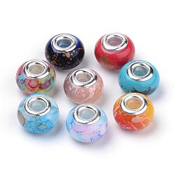 Mixed Color Spray Painted Glass European Beads, Large Hole Beads, with Silver Color Plated Brass Cores, Rondelle, Mixed Color, 14.5~15x10mm, Hole: 5mm