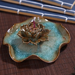 Turquoise Brûleurs d'encens en porcelaine, porte-encens lotus avec feuilles, bureau à domicile salon de thé fournitures bouddhistes zen, turquoise, 110x110mm