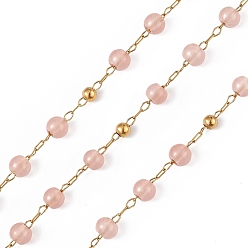 Pale Violet Red Dyed Natural Jade Round Beaded Chain, with Golden 304 Stainless Steel Satellite Chains, Unwelded, with Spool, Pale Violet Red, 2.5x1x0.3mm, 5x4mm, 3mm, about 32.81 Feet(10m)/Roll