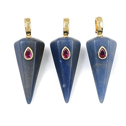 Blue Aventurine Natural Blue Aventurine(Dyed & Heated) Pointed Pendants, Faceted Cone Charms with Brass Micro Pave Cubic Zirconia Findings, Golden, 49~49.5x18.5~19x17.5~18mm, Hole: 5.5x7.5mm