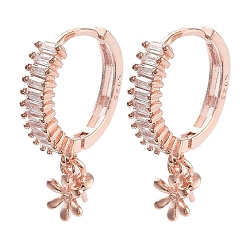 Rose Gold 925 Sterling Silver Cubic Zirconia Hoop Earring Findings, with Flower Charms and Pinch Bails, for Half Drilled Beads, with S925 Stamp, Rose Gold, 22 Gauge, 13.5x13mm, Pin: 0.6mm