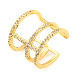 Real 18K Gold Plated Brass Triple Lines Open Cuff Ring with Cubic Zirconia, Lead Free & Cadmium Free, Real 18K Gold Plated, Inner Diameter: 16.2~16.4mm