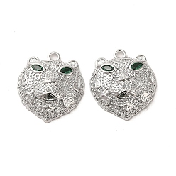 Real Platinum Plated Brass Micro Pave Green Cubic Zirconia Pendants, Leopard Head, Real Platinum Plated, 17x14.5x5.5mm, Hole: 1.5mm