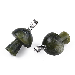 Southern Jade Natural Southern Jade Pendants, with Stainless Steel Snap On Bails, Mushroom Shaped, 24~25x16mm, Hole: 5x3mm