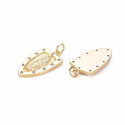 Real 18K Gold Plated Brass Micro Pave Clear Cubic Zirconia Pendants, Nickel Free, Shield with Holy Virgin, Real 18K Gold Plated, 24x12x2mm, Jump Ring: 5x1mm, Inner Diameter: 3mm.