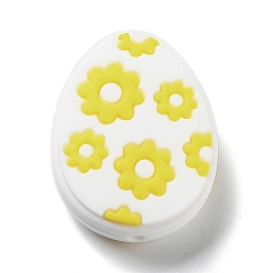 White Easter Egg with Flower Silicone Beads, White, 29.5x23x9.5mm, Hole: 2.5mm