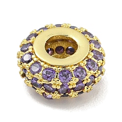 Фиолетовый Стойки обшивки латунь микро проложить кубического циркония бусы, долговечный, без свинца и без кадмия, рондель, реальный 18 k позолоченный, фиолетовые, 9.5x5 мм, отверстие : 3 мм