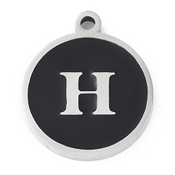 Letter H 201 подвески из нержавеющей стали, с черной эмалью, цвет нержавеющей стали, плоские круглые с буквы, Письмо ч, 18.5x15.5x2 мм, отверстие : 1.6 мм