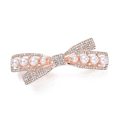 Rose Gold Alloy Crystal Rhinestone Hair Barrettes, with Imitation Pearl Beads, Bowknot, Rose Gold, 30x75x23.5mm