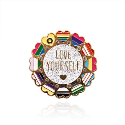 Colorful Sunflower with Pride Rainbow Heart Enamel Pins, Golden Alloy Brooch, Colorful, 45mm
