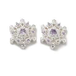 Лиловый Рождественские латунные бусины с инкрустацией кубическим цирконием, снежинка, 925 серебро покрытием, сирень, 14.5x12.5x7 мм, отверстие : 1.8 мм