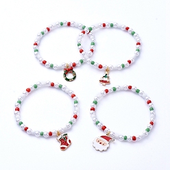 Mixed Color Christmas Theme Stretch Charm Bracelets, with Glass Seed Beads, Acrylic Imitation Pearl Beads and Alloy Enamel Pendants, Mixed Shape, Mixed Color, Inner Diameter: 2-3/8 inch(6cm)