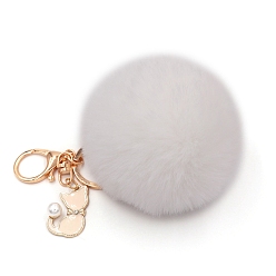 White Imitation Rabbit Fur Pom-Pom & Cat Keychain, Bag Pendant Decoration, White, 8cm