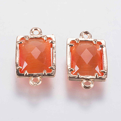 Tomato Glass Links connectors, with Brass Finding, Faceted, Rectangle, Golden, Tomato, 15x9x4mm, Hole: 0.6mm