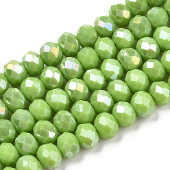 Olive Electroplate Glass Beads Strands, Opaque Solid Color, AB Color Plated, Faceted, Rondelle, Olive, 3.5x3mm, Hole: 0.4mm, about 123~127pcs/strand, 13.7~14.1 inch(35~36cm)