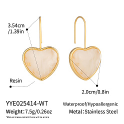 Белый Из нержавеющей стали сердца 304 болтаться серьги, cmолой, реальный 18 k позолоченный, белые, 35.4x20 мм