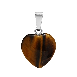 Tiger Eye Natural Tiger Eye Charms, with Silver Tone Metal Findings, Heart, 16x6mm