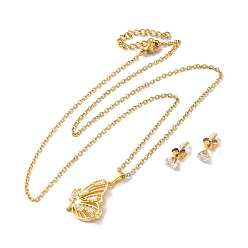 Golden Clear Cubic Zirconia Butterfly Pendant Necklace & Diamond Stud Earrings, 304 Stainless Steel Jewelry Set for Women, Golden, 495mm, 13.5x5.5mm, Pin: 0.7mm