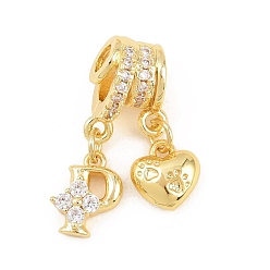 Letter P Латунные микропаве прозрачные подвески с фианитом, сердце прелести, долговечный, стойки покрытие, без кадмия и без свинца, реальный 18 k позолоченный, Письмо P, 24 мм, отверстия : 3 mm и 4 мм, Сердце: 8.5x8x3.5 mm, Письмо: 10x8x3.5 мм