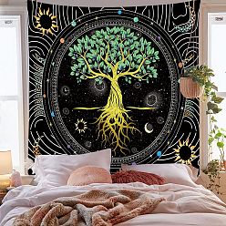Lime Green Polyester Tree of Life Pattern Trippy Wall Hanging Tapestry, Sun Moon Hippie Tapestry for Bedroom Living Room Decoration, Rectangle, Lime Green, 1500x1300mm