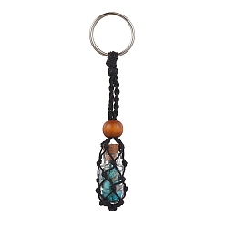 Synthetic Turquoise Synthetic Turquoise Wishing Bottle Keychain, Nylon Cord Macrame Pouch Stone Holder, with Iron Split Key Rings and Wood Bead, 10.5cm