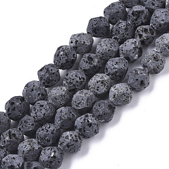 Black Natural Lava Rock Beads Strands, Round, Bumpy, Faceted, Black, 6x6mm, Hole: 1mm, about 64pcs/Strand, 15.16 inch(38.5cm)