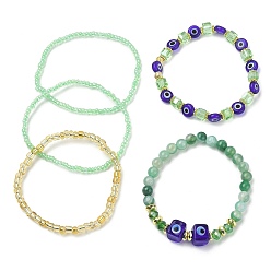Banded Agate 5Pcs 5 Style Natural Banded Agate & Lampwork Evil Eye & Seed Beaded Stretch Bracelets Set, Stackable Bracelets, Inner Diameter: 2~2-3/8 inch(5.5~6cm), 1Pc/style