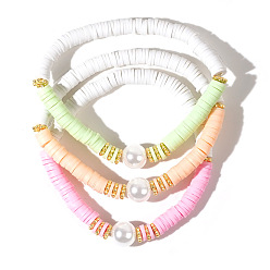 Mixed Color 3Pcs 3 Colors Polymer Clay Beaded Stretch Bracelet Sets with Round Imitation Pearl for Women, Adjustable Stackable Bracelets, Mixed Color, 6.89 inch(17.5cm), 1pc/color