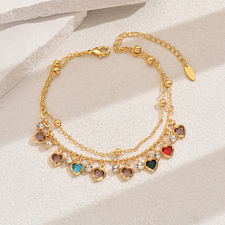 Разноцветный Модные винтажные пляжные браслеты для ног из латуни с кубическим цирконием, двухслойные, с кисточками в форме сердца, регулируемые женские браслеты, реальный 18 k позолоченный, красочный