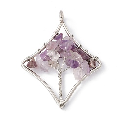Amethyst Rhombus Natural Amethyst Copper Wire Wrapped Chip Big Pendants, Tree of Life Charm, with Platinum Tone Iron Findings, 58x45x8mm, Hole: 6.2mm