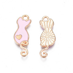 Pink Alloy Enamel Pendants, Cadmium Free & Lead Free, Cat with Heart, Pink, 24.5x8.5x2mm, Hole: 1.8mm