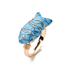 Синтетическая Бирюза Синтетические бирюзовые кольца, рыба, с латунной фурнитурой со стразами, золотые, рыбы: 23x12 mm, размер США 7 1/4 (17.5 мм)