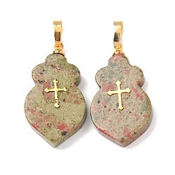 Унакит Природные подвески Unakite, Тыквообразной формы с латунными защелкивающимися креплениями и 304 крестообразными кабошонами из нержавеющей стали., золотые, 30.5~31.5x17~17.5x4.5~7 мм, отверстие : 7.5x4 мм