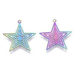 Rainbow Color Ion Plating(IP) 201 Stainless Steel Filigree Pendants, Etched Metal Embellishments, Star, Rainbow Color, 23x22x0.4mm, Hole: 1.2mm