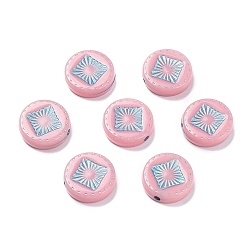 Pink Opaque Acrylic Beads, Metal Enlaced, Flat Round with Rhombus Pattern, Pink, 15~15.5x4.5~5mm, Hole: 1.8mm, about 606pcs/500g