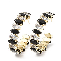 Black Cubic Zirconia Round Stud Earrings, Rack Plating Real 18K Gold Plated Brass Half Hoop Earrings for Women, Lead Free & Cadmium Free, Black, 35x8mm
