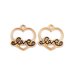 Черный Подвески из эмалевого сплава с покрытием из легкого золота, без кадмия и без свинца, сердце со словом любовь прелести, чёрные, 16x15.5x1.5 мм, отверстие : 2 мм